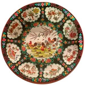 DAHMER vtg.10" metal bowl - w/ chickens/roosters - made in England 1971 - EUC!!!